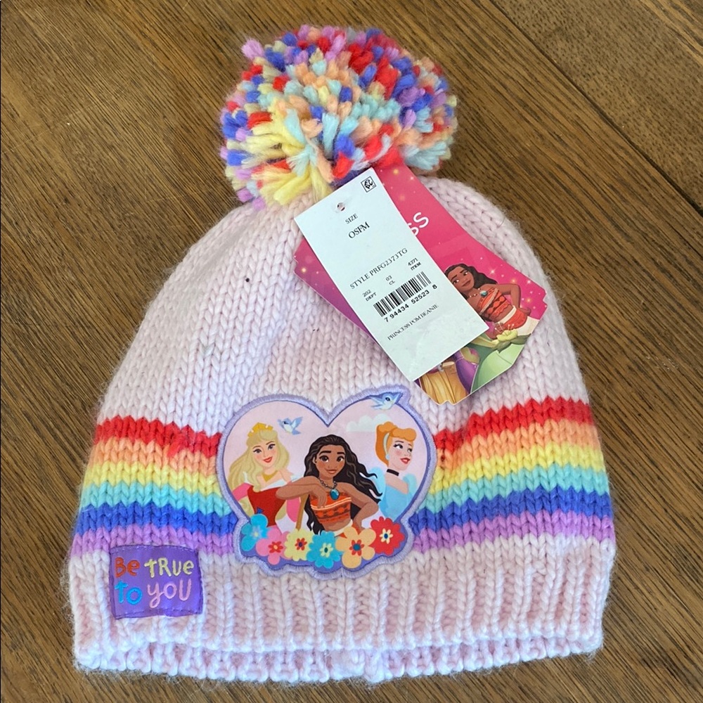 Girls' Pink Rainbow Pom Pom Beanie with Princess Patch - Kids Accessories
